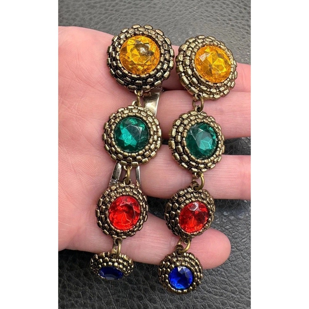 Vintage 80s Multicolor Rhinestone Dangle Clip On Statement Earrings Gold Tone